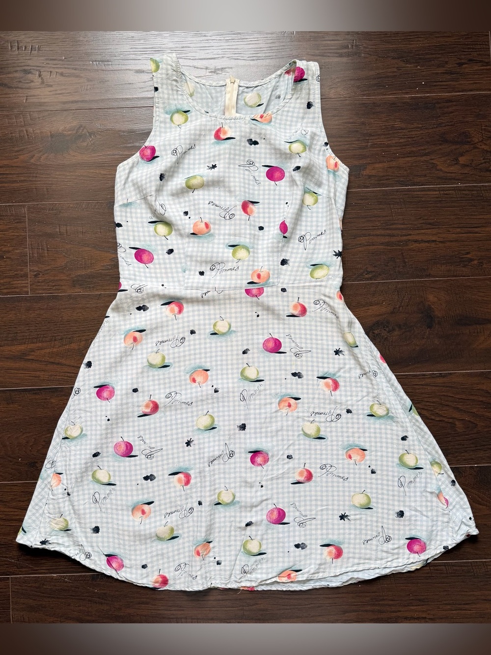 Vintage Mica Blue Gingham Apple Print Fit & Flare Mini Dress Cottagecore